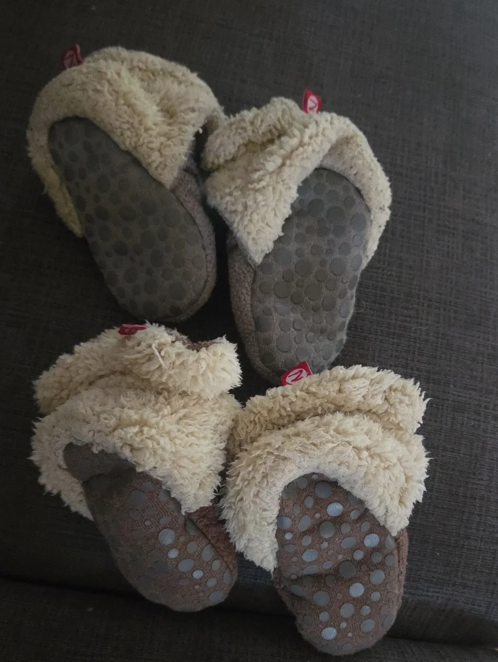 Zutano Cozy Sherpa Slippers in Brown and Gray with Cream Trim